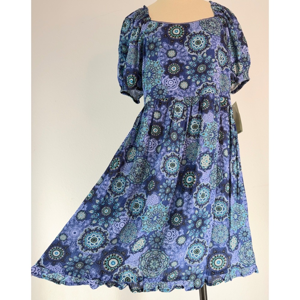 Live To Be Spoiled Blue Boho Medallion Mini Dress Puff Sleeves Cottage Fairy NWT